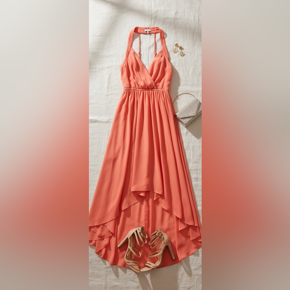 BCBGMAXAZRIA Salmon Chiffon High-Low Halter Gown Prom Dress Size S NWT - Picture 3 of 12